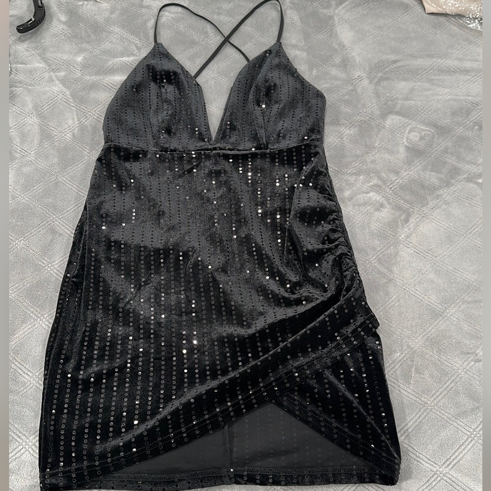 Black sequin plunge side slit dress